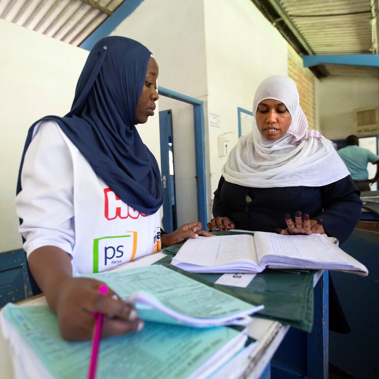 nursing, talks with a nurse at the Maternity ward at the Port Reitz Hospital in Mombasa, Kenya, on Wednesday, December 4, 2019. Linda Mama project, founded in 2013, provides a package of basic health services